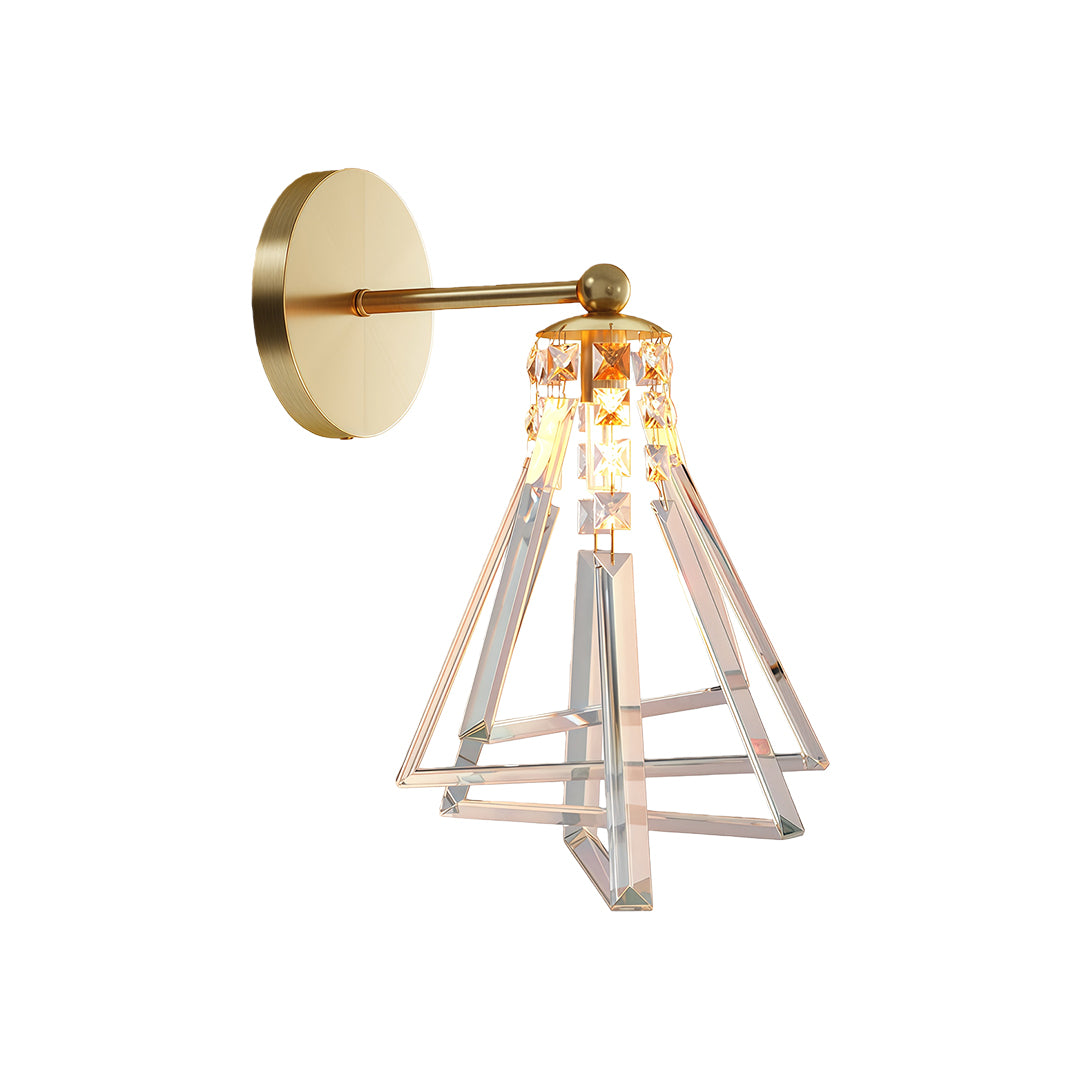 Modern crystal wall lights featuring glass shade chandelier aesthetic in brushed brass with triangular wire cage and hanging crystal strands.