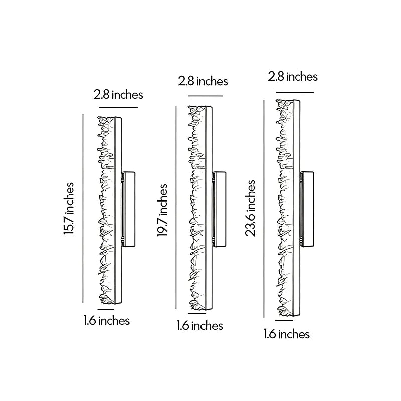 Modern crystal wall lights dimension drawing showing three size options and fixture measurements.
