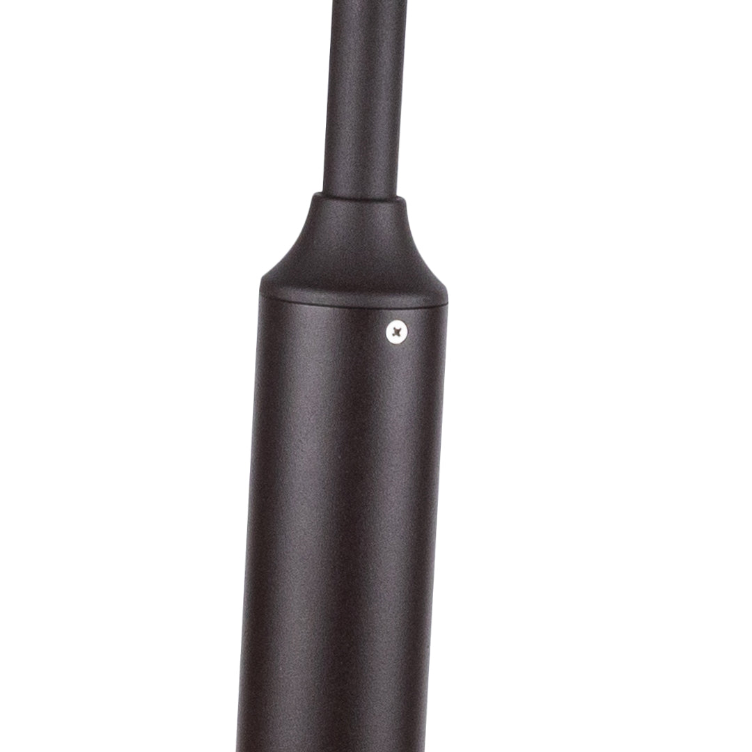 Modern curved bollard fixture with cylindrical post and angled light head for directional illumination