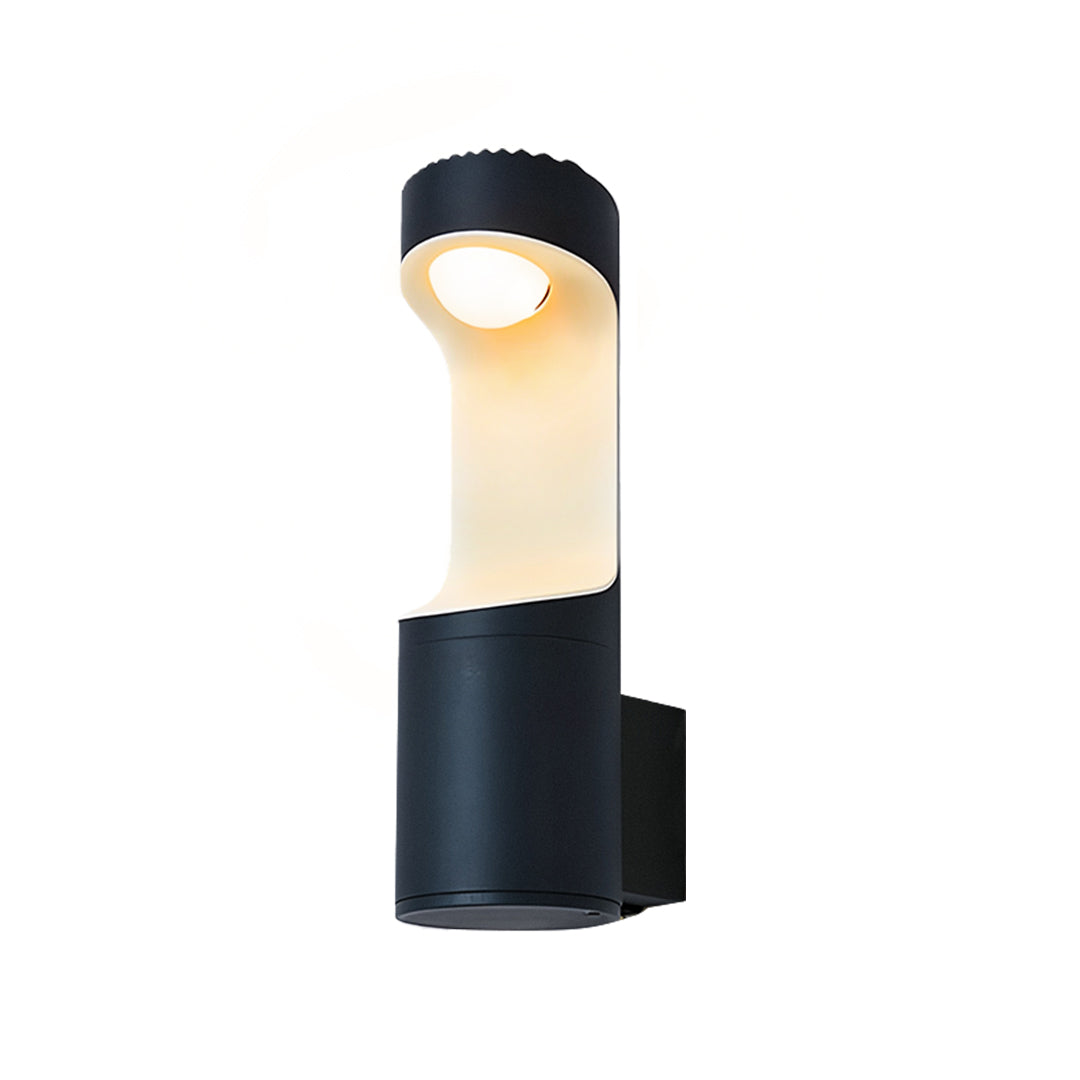 Modern curved outdoor wall sconce lighting fixtures with warm light and black housing.
