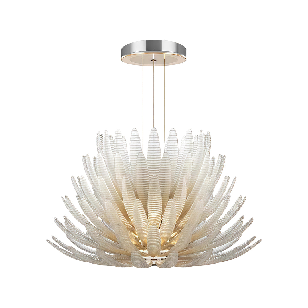 Modern art deco chandelier featuring golden glass petals and warm lighting.