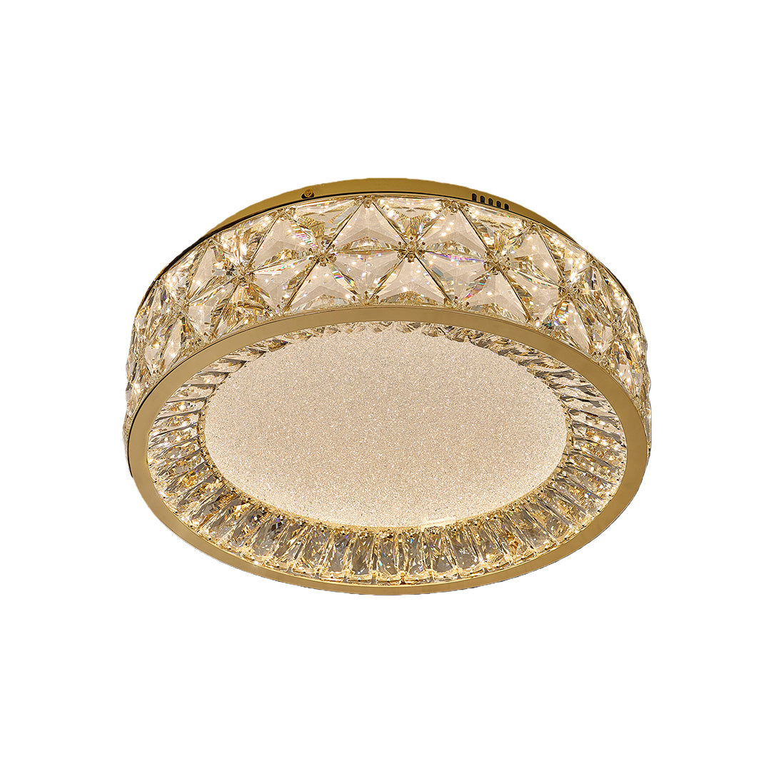 Modern decorative flush mount ceiling lights featuring glass shade chandelier aesthetic in circular form with textured crystal trim detail.