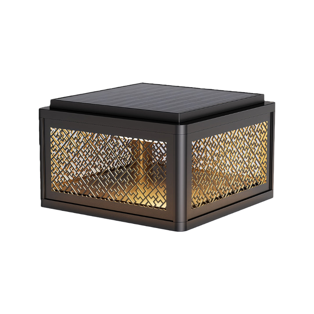 Modern decorative pillar light with a sleek black design and intricate patterns, perfect for gateways and pathways.