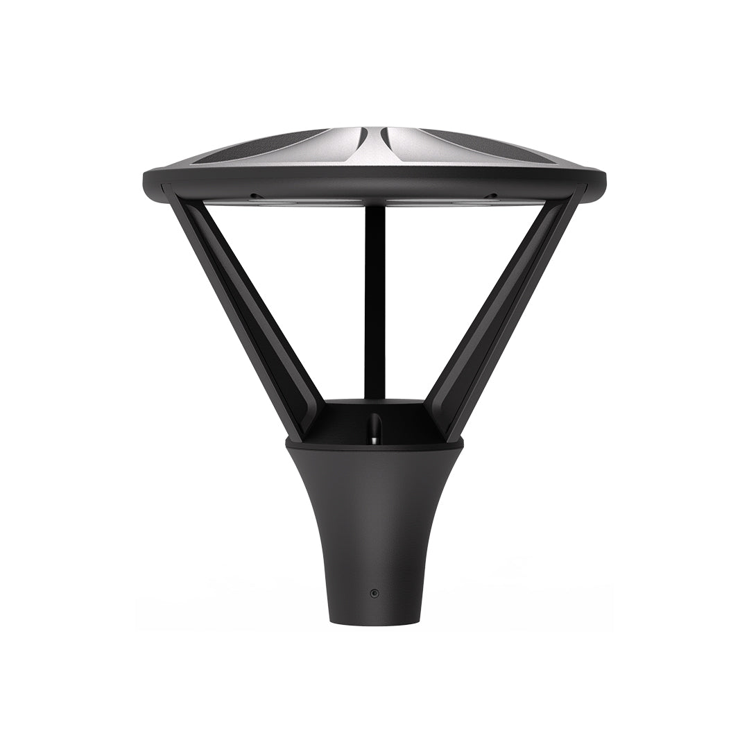Modern decorative street light head featuring geometric design with LED technology and artistic appeal