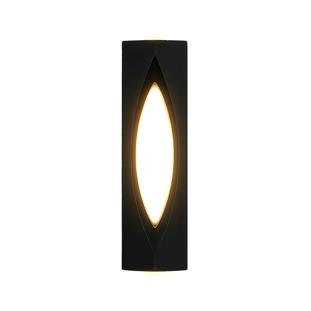 Modern decorative wall sconce lighting with glass shade chandelier aesthetic in elongated black frame with artistic vertical opening.
