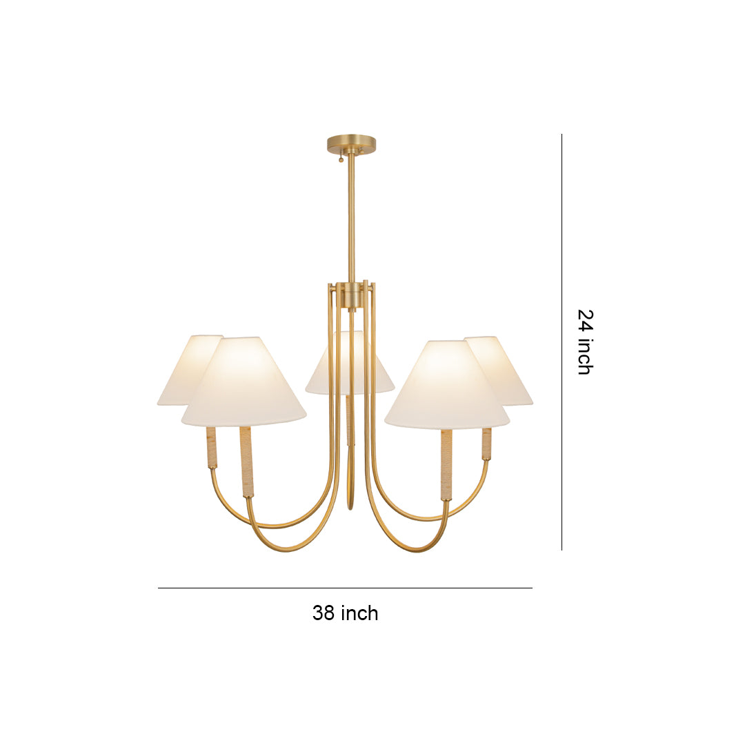 Dimensions of the modern cloth shade chandelier, showing the 24 inches drop and 38 inches overall width.