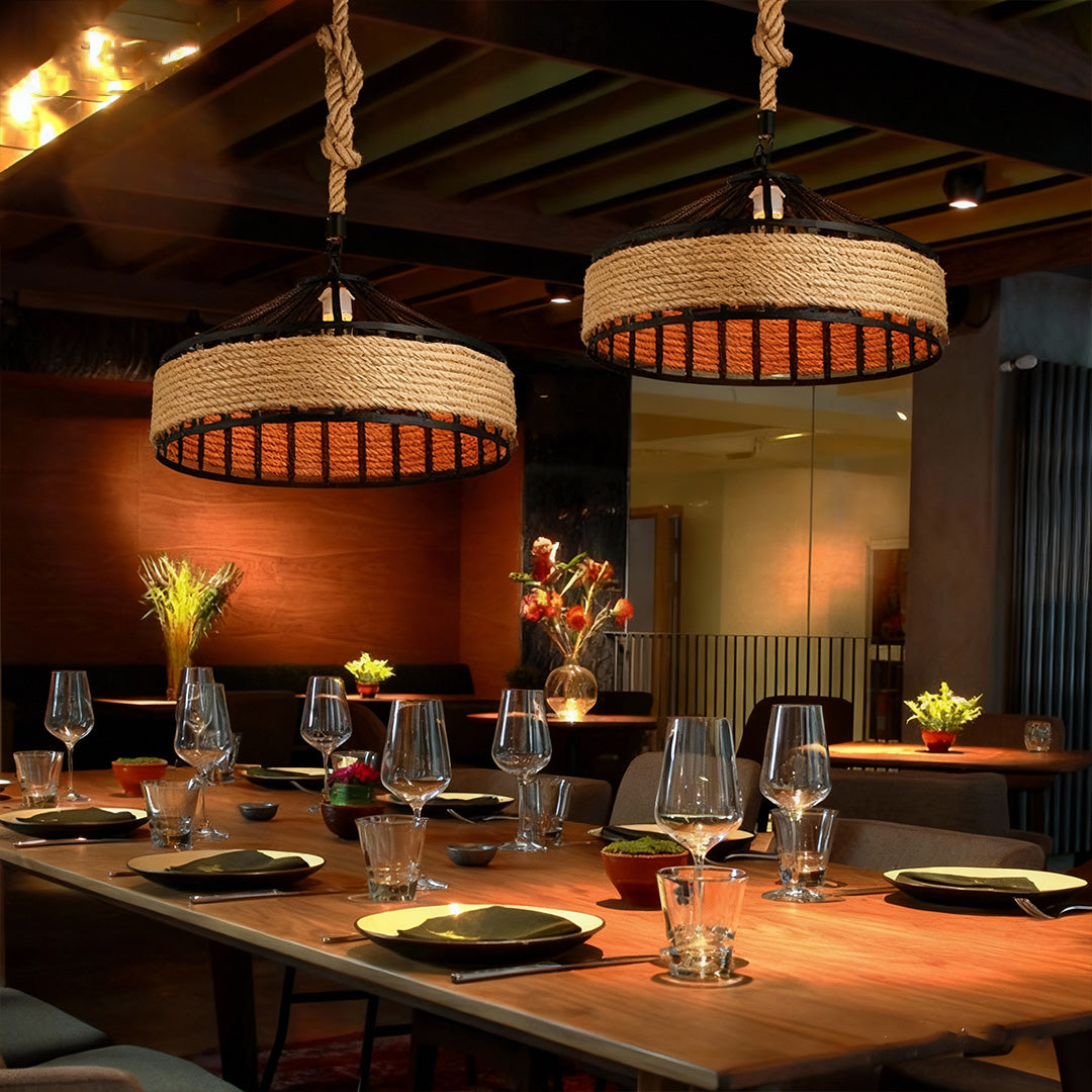 Circular pendant light in a modern dining room, elegant and natural woven lighting