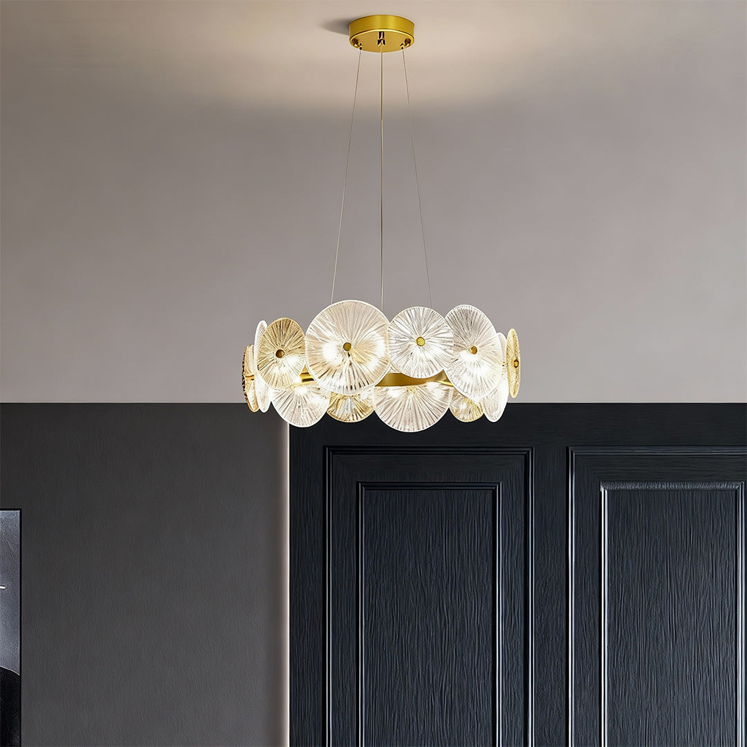 Large glass chandelier in a modern dining room, glamorous and sophisticated ceiling lighting
