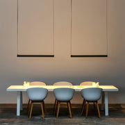 Modern dining area with long pendant light fixtures, stylish linear lighting above a table