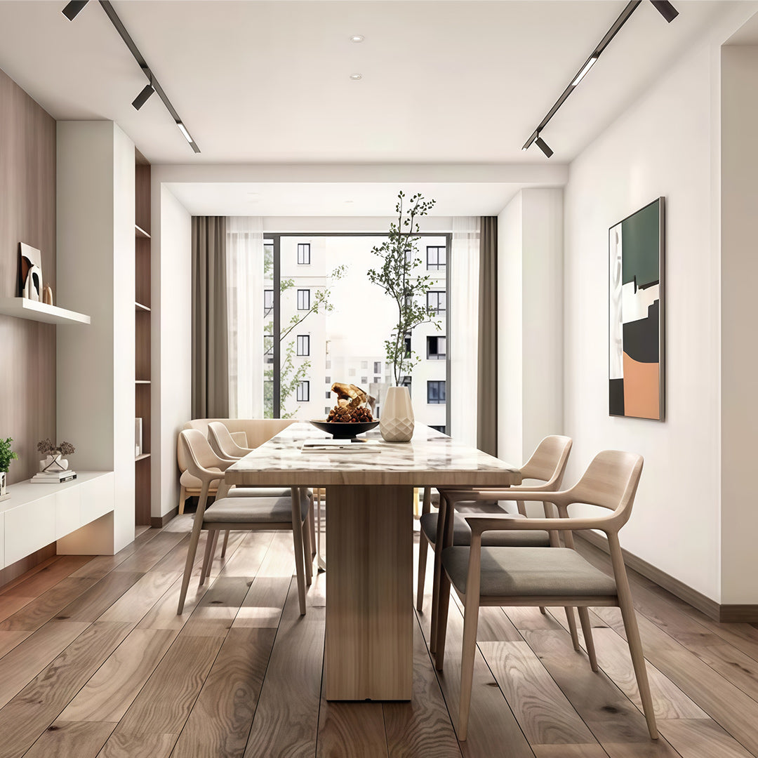 Modern dining room featuring a black track lighting system with adjustable modern spotlights.