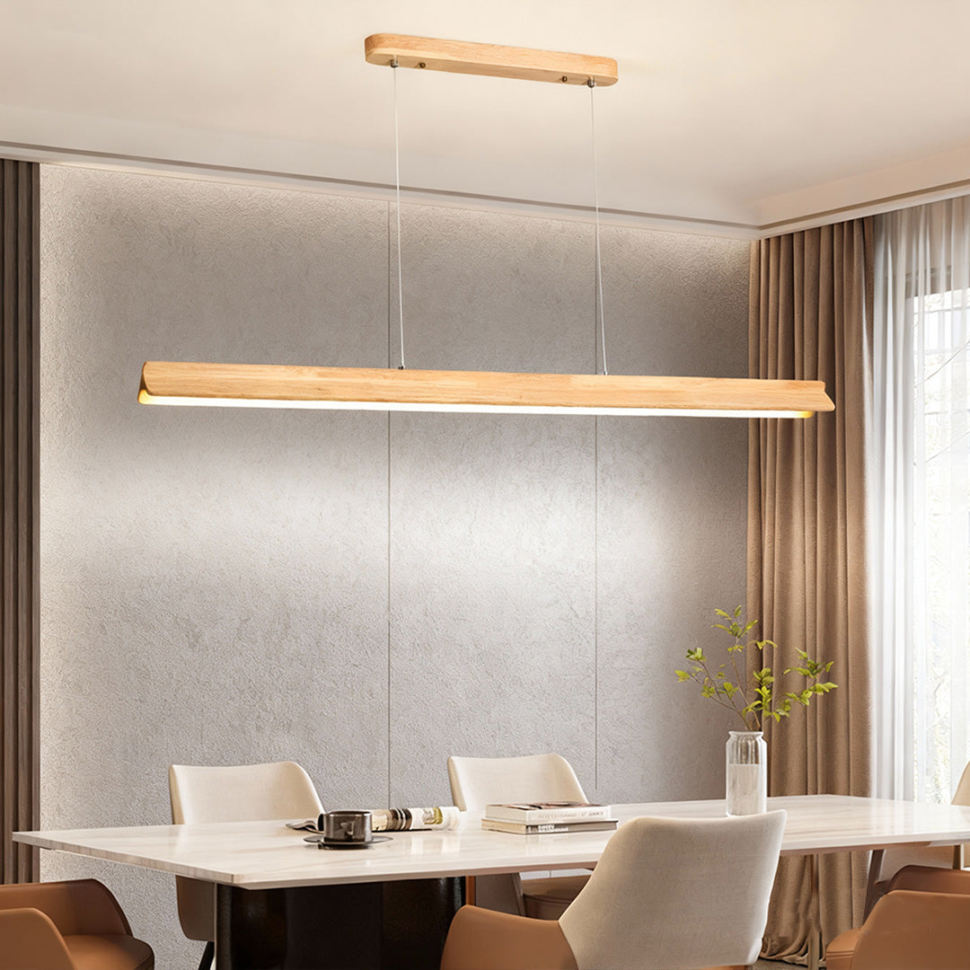 Modern dining room with wood pendant lights, elegant and natural lighting above a table