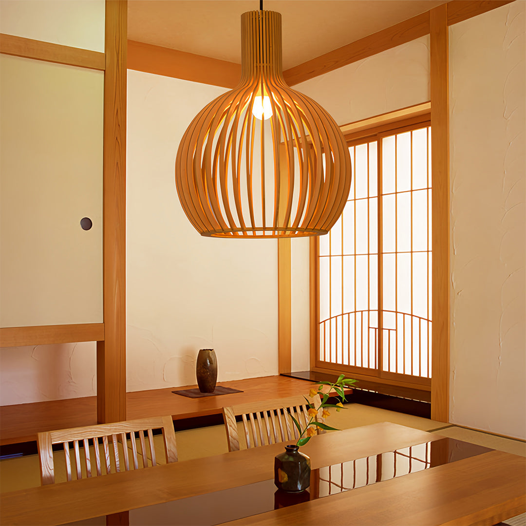 Modern dining space with wooden bird cage pendant light, chic and functional ceiling lighting