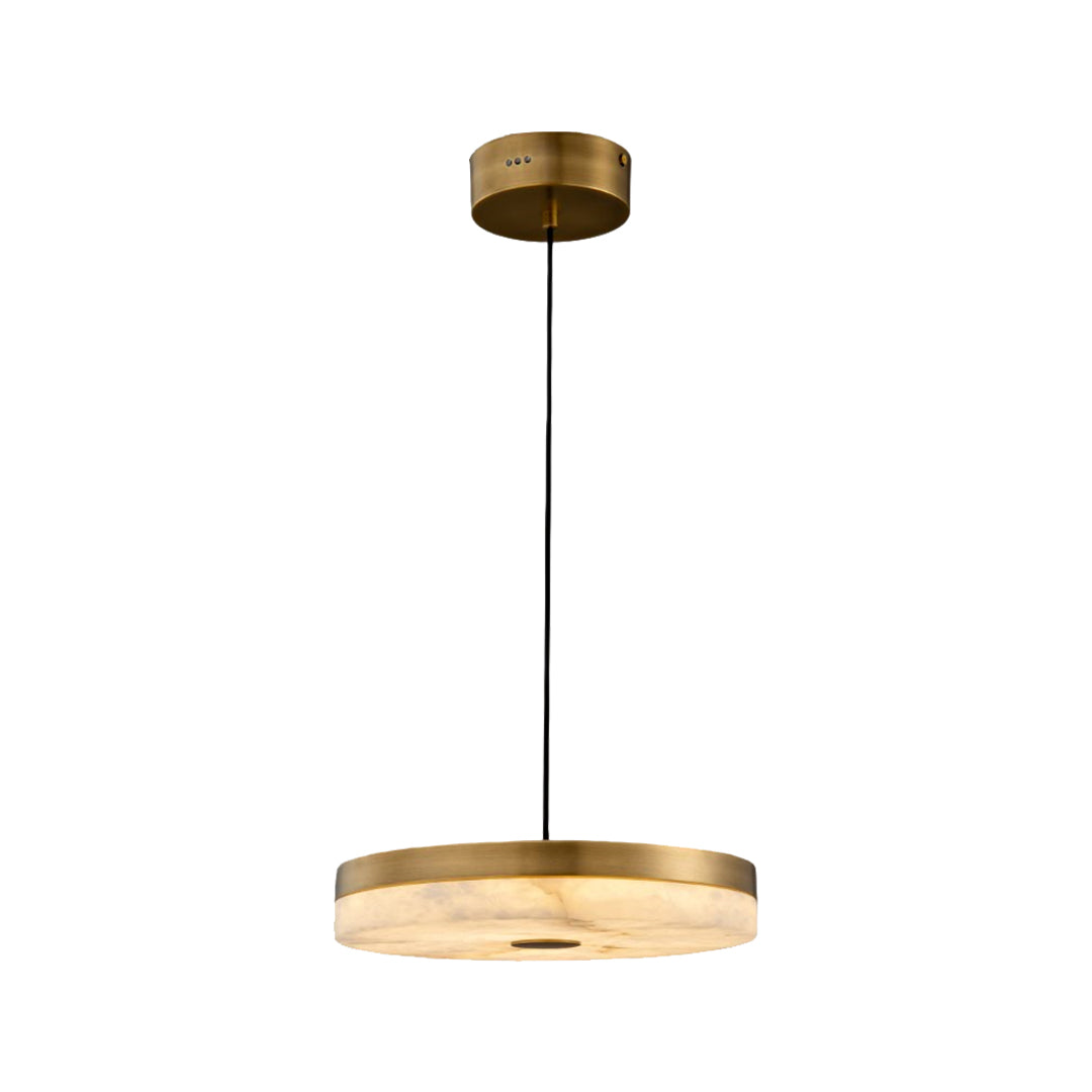 Modern disc pendant light fixture with warm marble shade and brass finish on white background