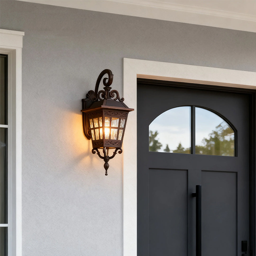 Outdoor patio wall light beside a modern door, stylish and warm exterior lighting solution