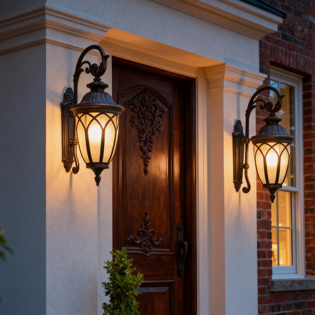 Outdoor wall light beside a modern door, elegant and functional exterior lighting
