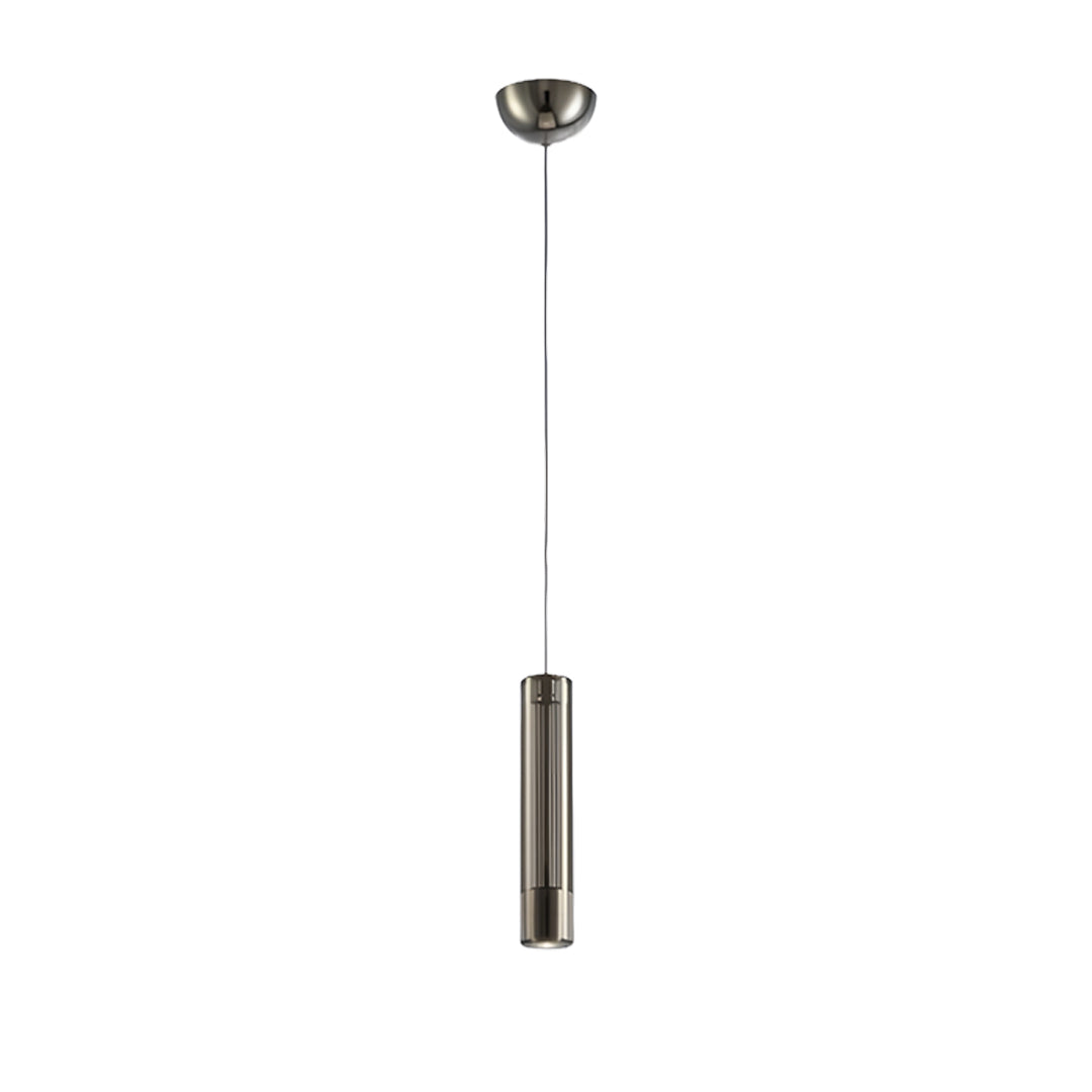 Modern double hanging pendant light in antique brass finish with elongated cylindrical shade
