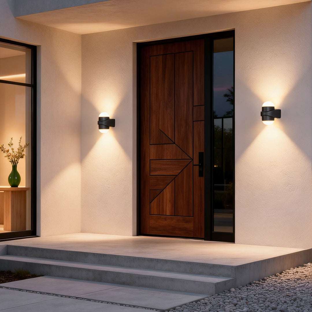 Modern double heads wall sconce enhancing a stylish wooden door with elegant ambient glow.