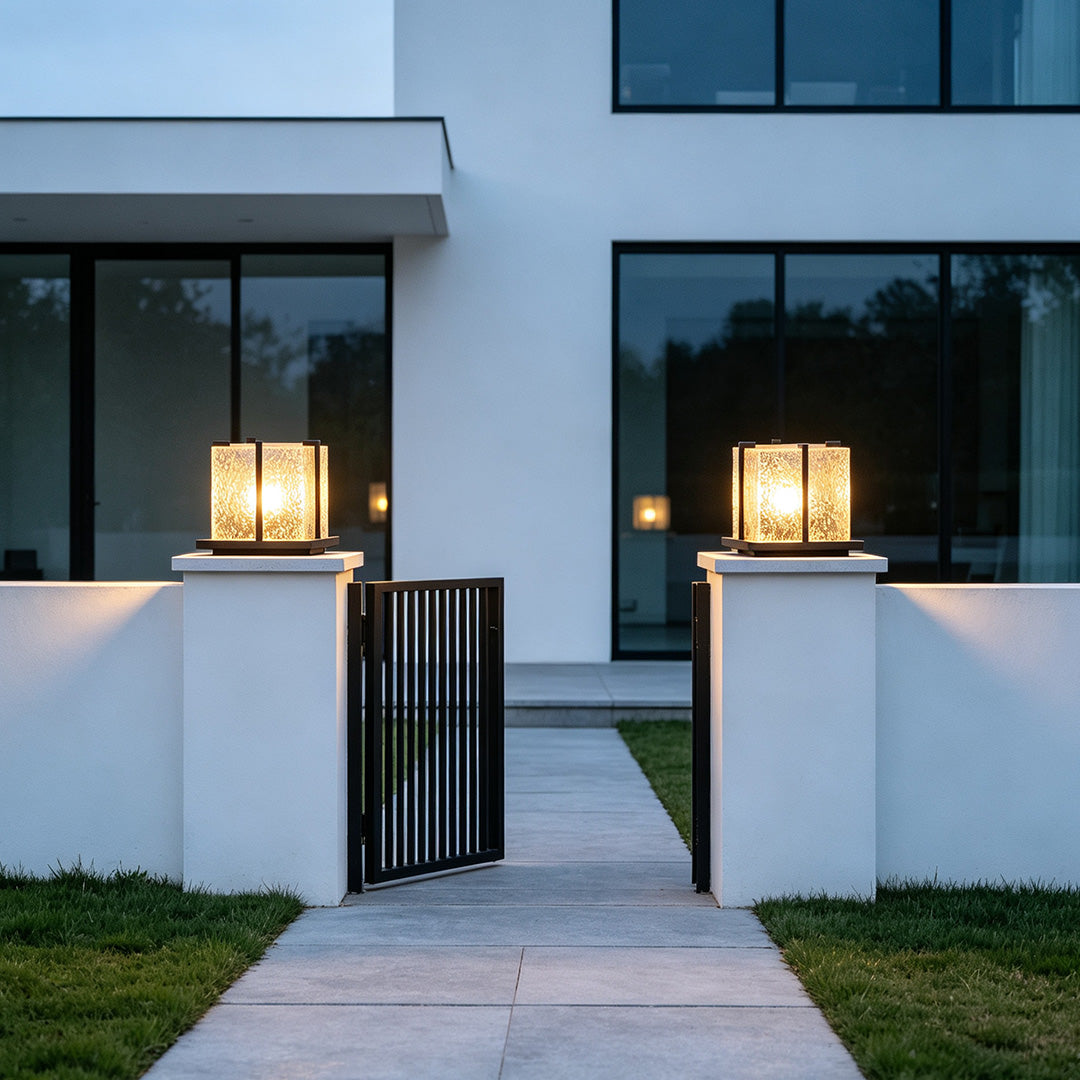 Modern driveway pillar lights providing stylish and durable illumination for driveways, entrances, and outdoor spaces