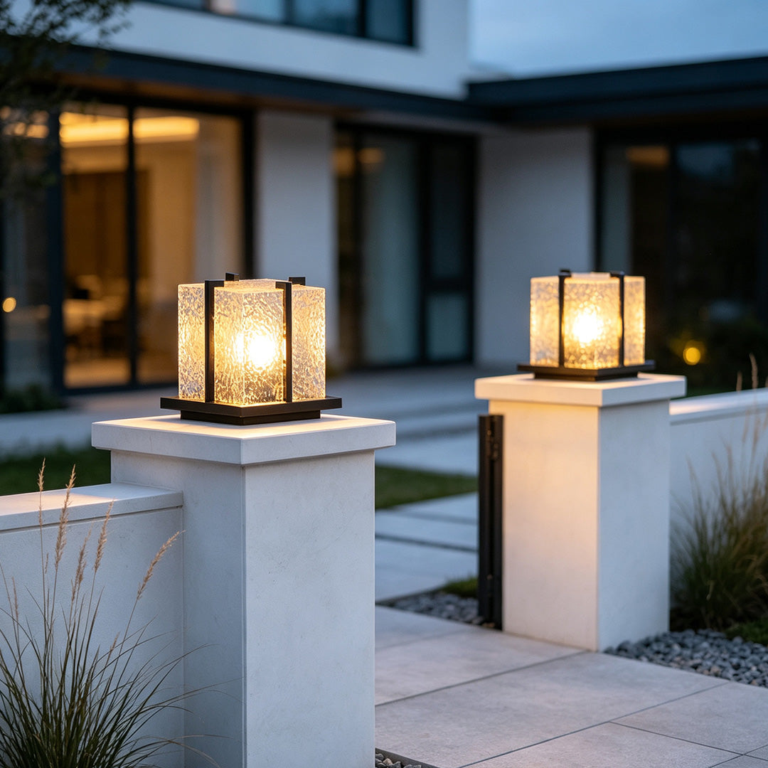 Modern driveway pillar lights providing stylish and durable illumination for driveways, entrances, and outdoor spaces