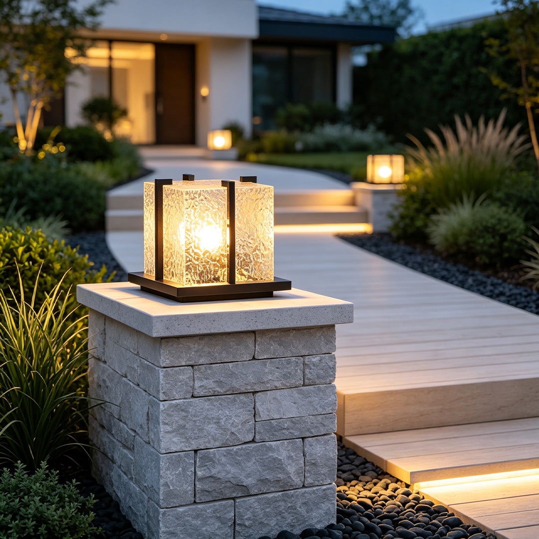 Modern driveway pillar lights providing stylish and durable illumination for driveways, entrances, and outdoor spaces
