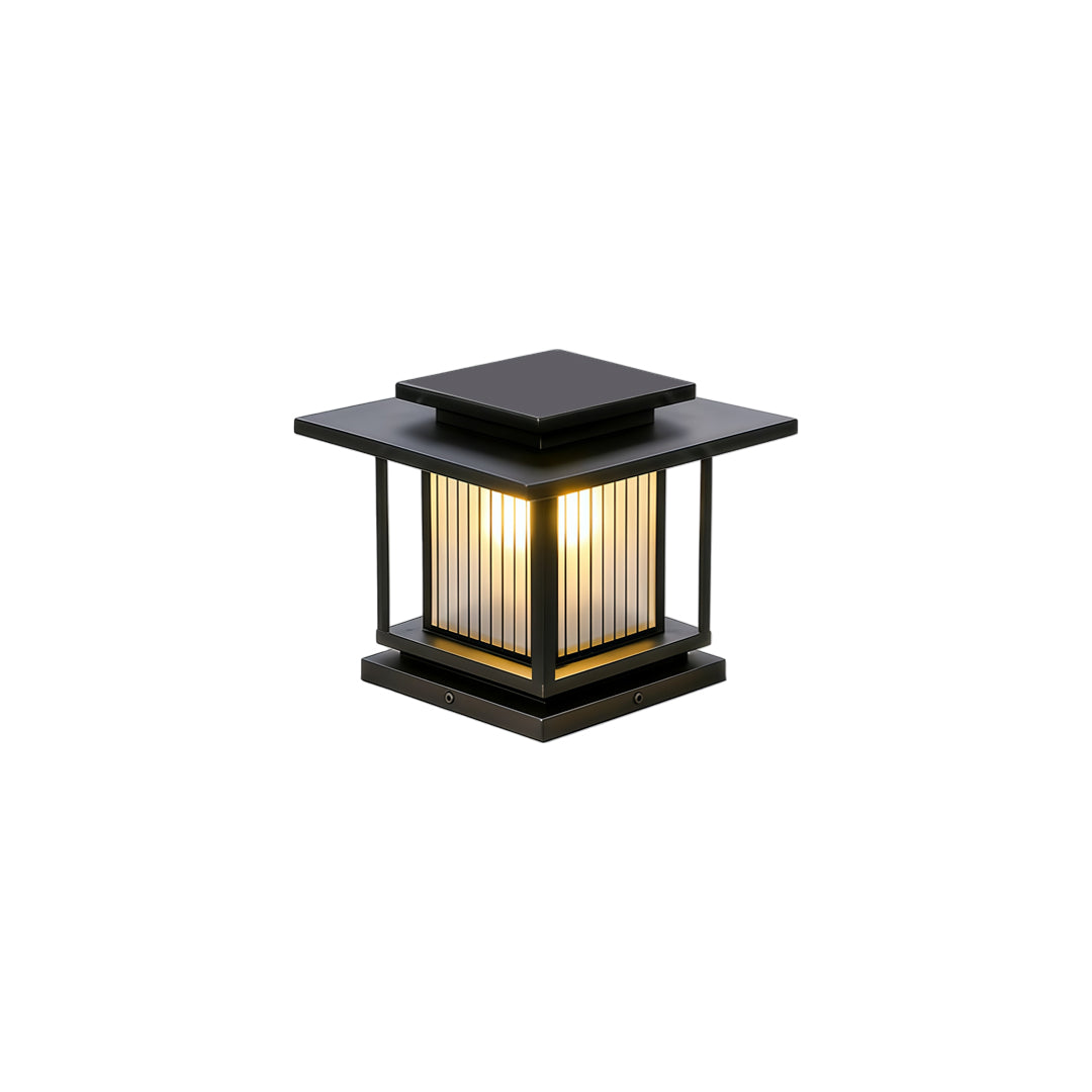 Modern driveway pillar solar lights with warm LED glow and black metal frame design.