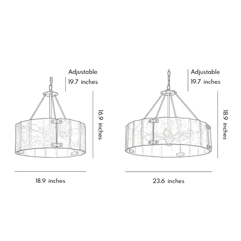 Modern drum chandelier dimension drawing displaying multiple size options and adjustable hanging heights.