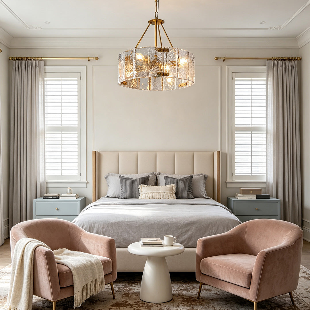 Modern drum chandelier installed in an elegant bedroom with crystal textured glass detailing.