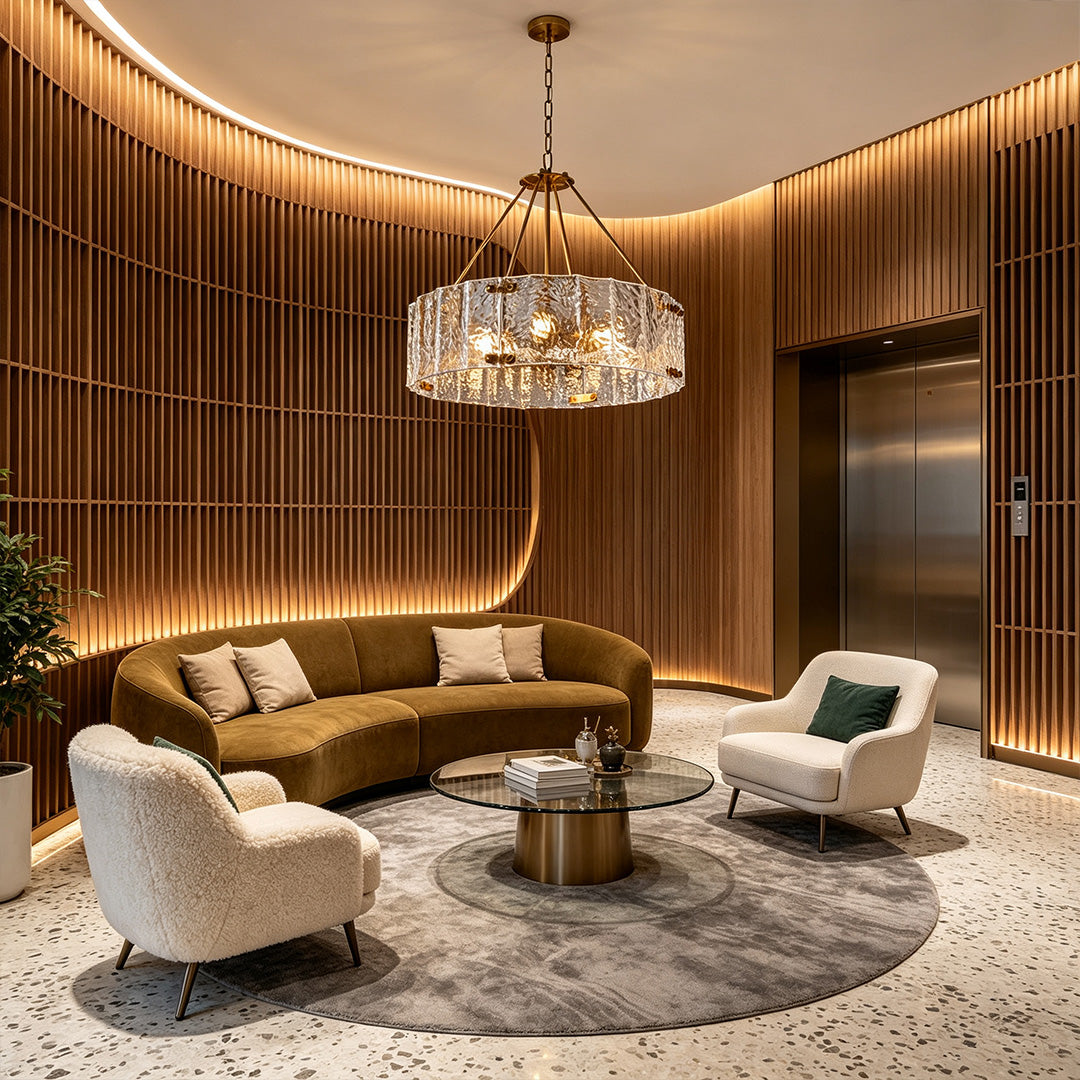 Modern drum chandelier displayed in a sophisticated lounge with curved seating and ambient lighting.