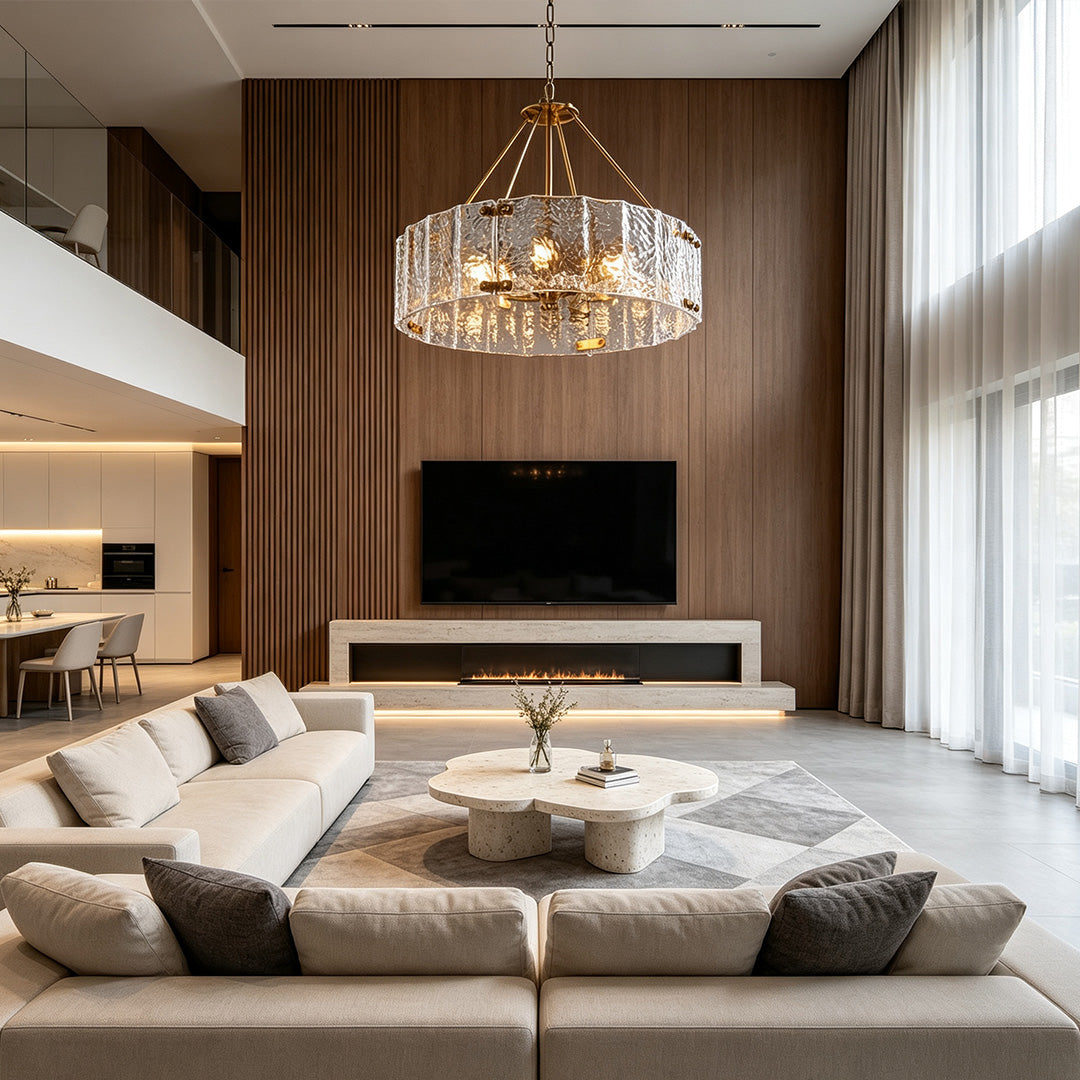 Modern drum chandelier featured in a luxurious contemporary living room with warm wood wall accents.