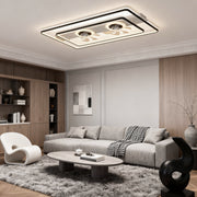 Modern dual head ceiling fan with integrated LED light mounted on a contemporary living room ceiling.