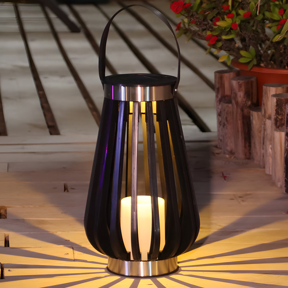 Modern solar lantern with Edison bulb style LED providing warm outdoor illumination