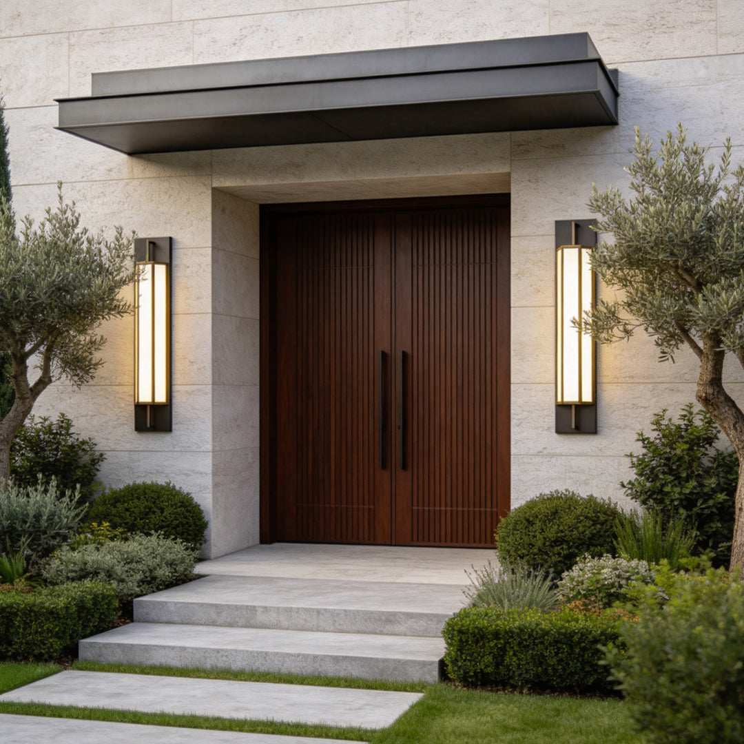 Modern home entrance illuminated by Large Outdoor Wall Light fixtures with sleek vertical black frame design.