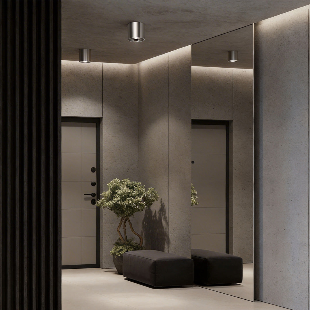 Modern entryway with silver ceiling spotlights enhancing the contemporary design.