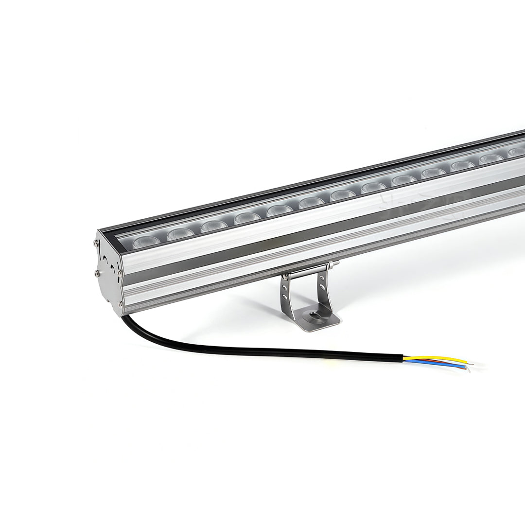Modern exterior LED flood lights with aluminum housing and adjustable mounting bracket design.