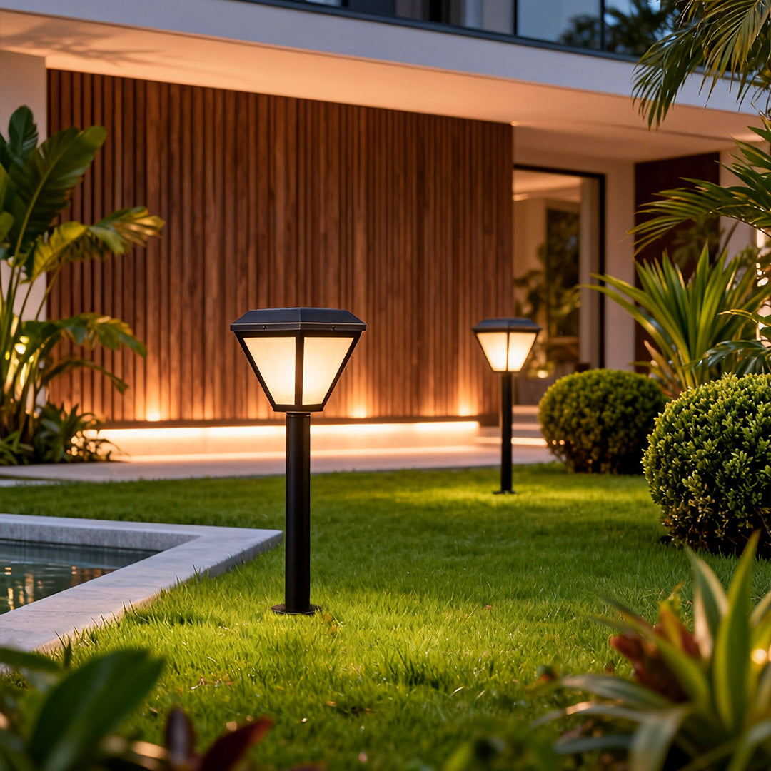 Modern exterior path lighting enhancing the curb appeal of a house with a well-lit garden walkway.