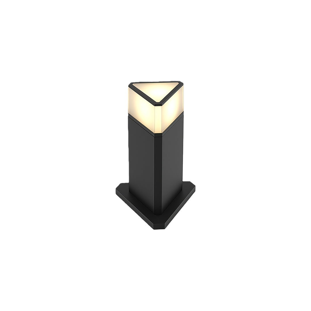 Modern exterior pathway light with a sleek black triangular design and warm light, perfect for garden pathways.