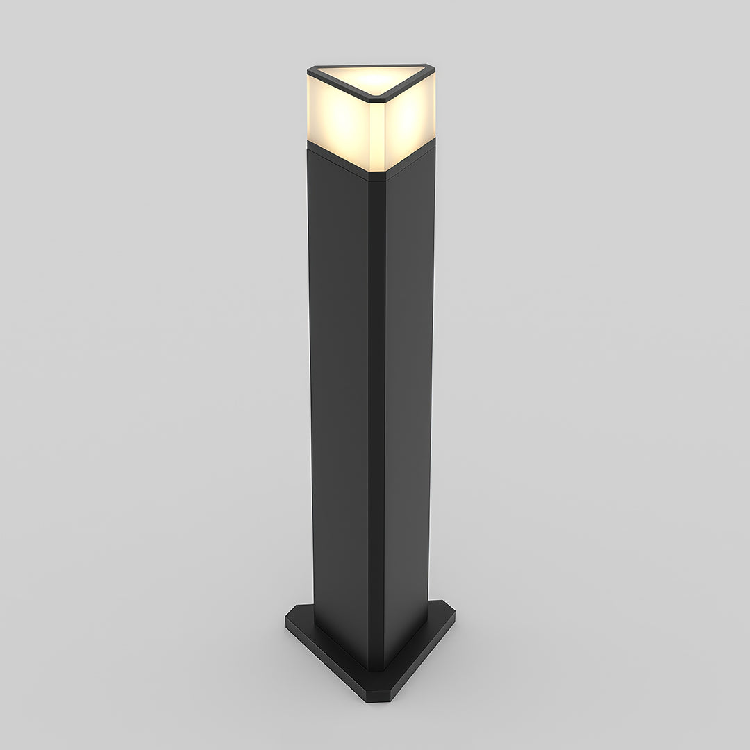 Modern exterior pathway light with a tall black triangular design, ideal for landscape lighting.