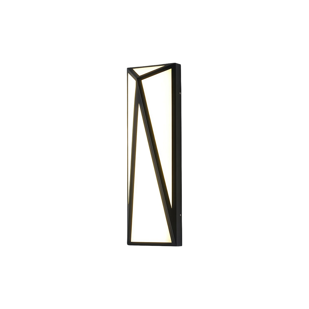 Modern exterior wall light black featuring glass shade chandelier aesthetic in elongated triangular design with frosted diffuser panel.