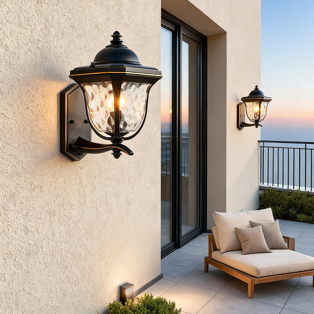 Bright outdoor wall lights on modern home facade with enhanced brightness.