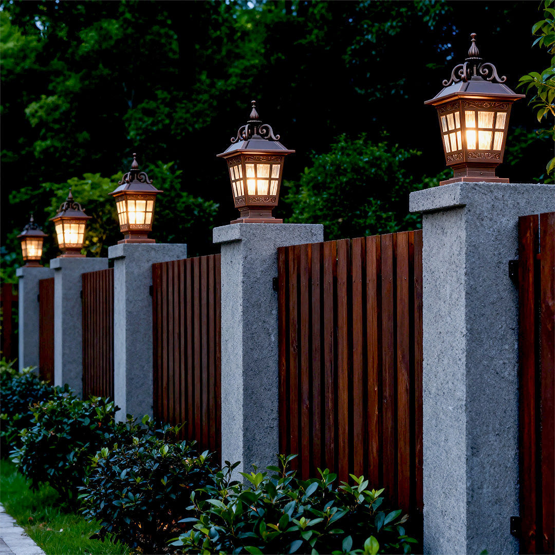 Pillar garden lights on a modern fence, elegant and functional outdoor lighting fixtures
