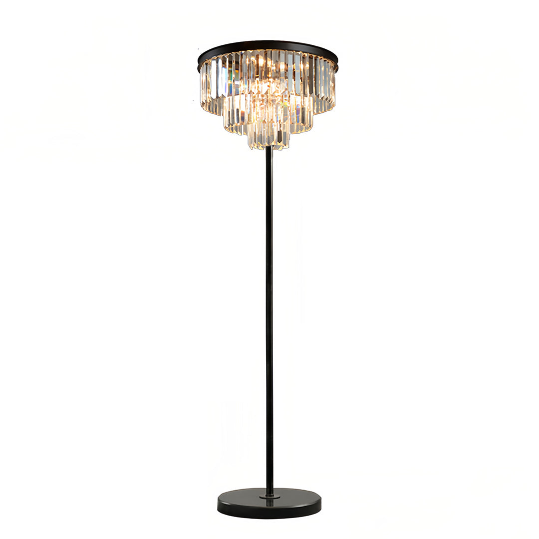 Modern floor crystal lamp with black stand, elegant and sparkling indoor lighting fixture