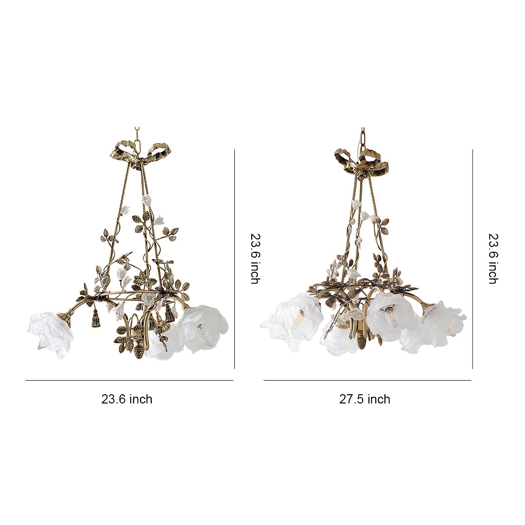 Modern flower chandelier featuring branching metallic frame with white glass flower shades in elegant botanical design