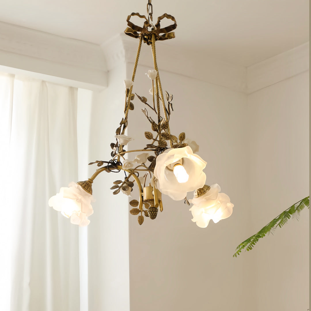 Modern flower chandelier creating focal point in bright interior with flowing curtains and soft natural lighting