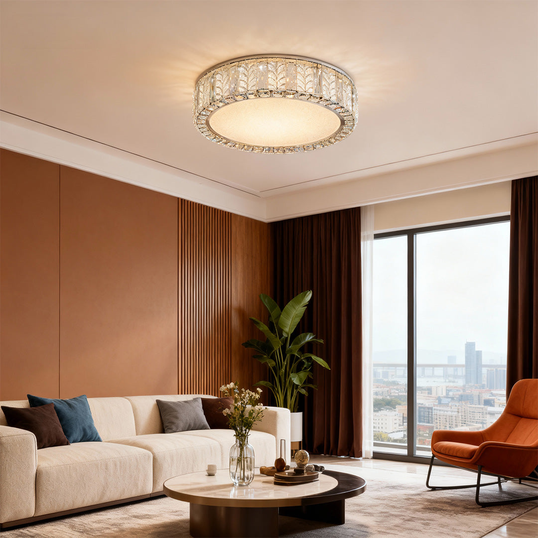 Modern flush mount ceiling light in a cozy bedroom with neutral tones, enhancing the ambiance with subtle lighting.