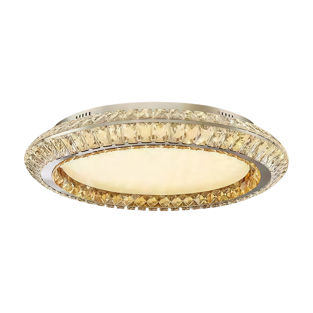 Modern flush mount crystal ceiling light with a sleek gold frame and crystal details, perfect for contemporary interiors.