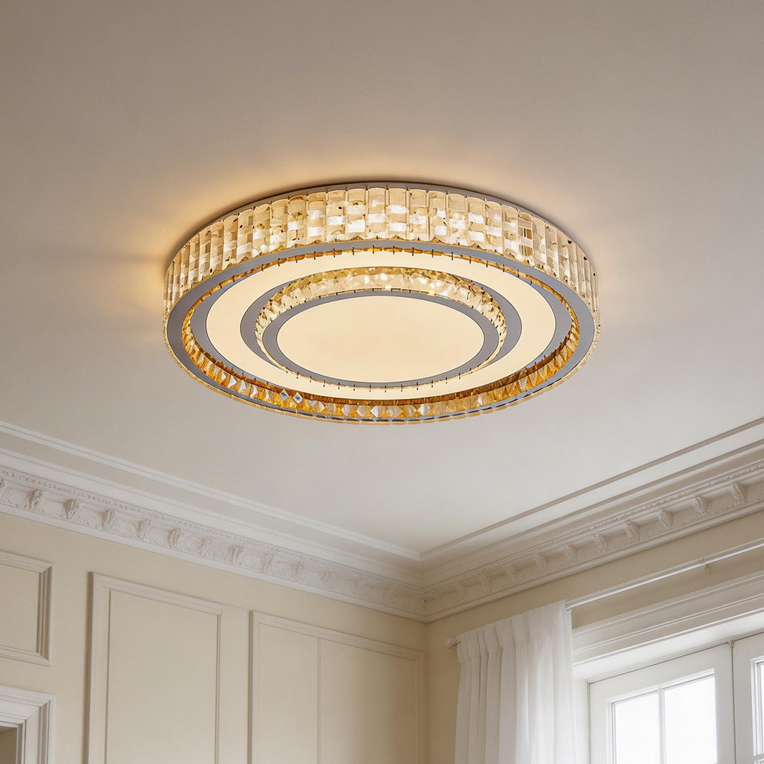 Modern flush mount led light fixtures with concentric silver rings and sparkling gold crystals.