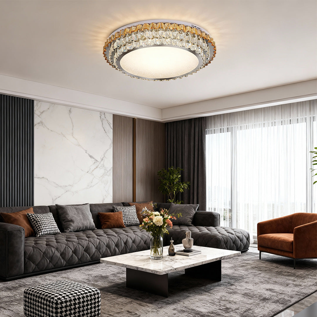 Modern flush mount light in a contemporary bedroom with large windows, adding a touch of elegance to the space.