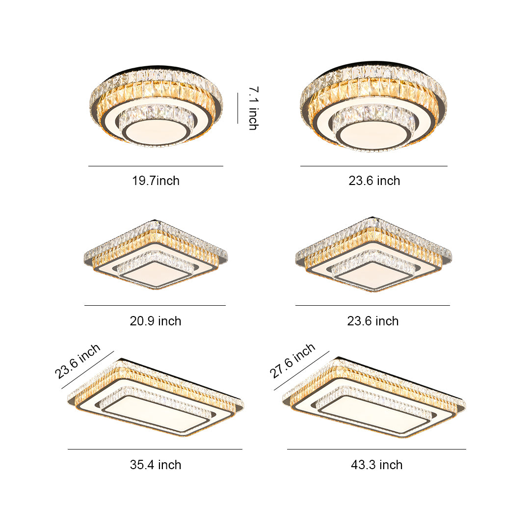 Size chart showing various dimensions and shapes of modern flush mount light fixtures for ceiling installation.