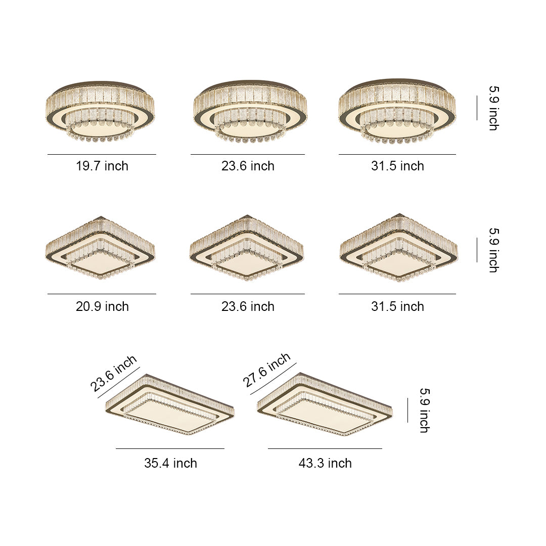 Modern flush mount light fixtures collection with glass shade chandelier inspired design showing round, square, and rectangular options.