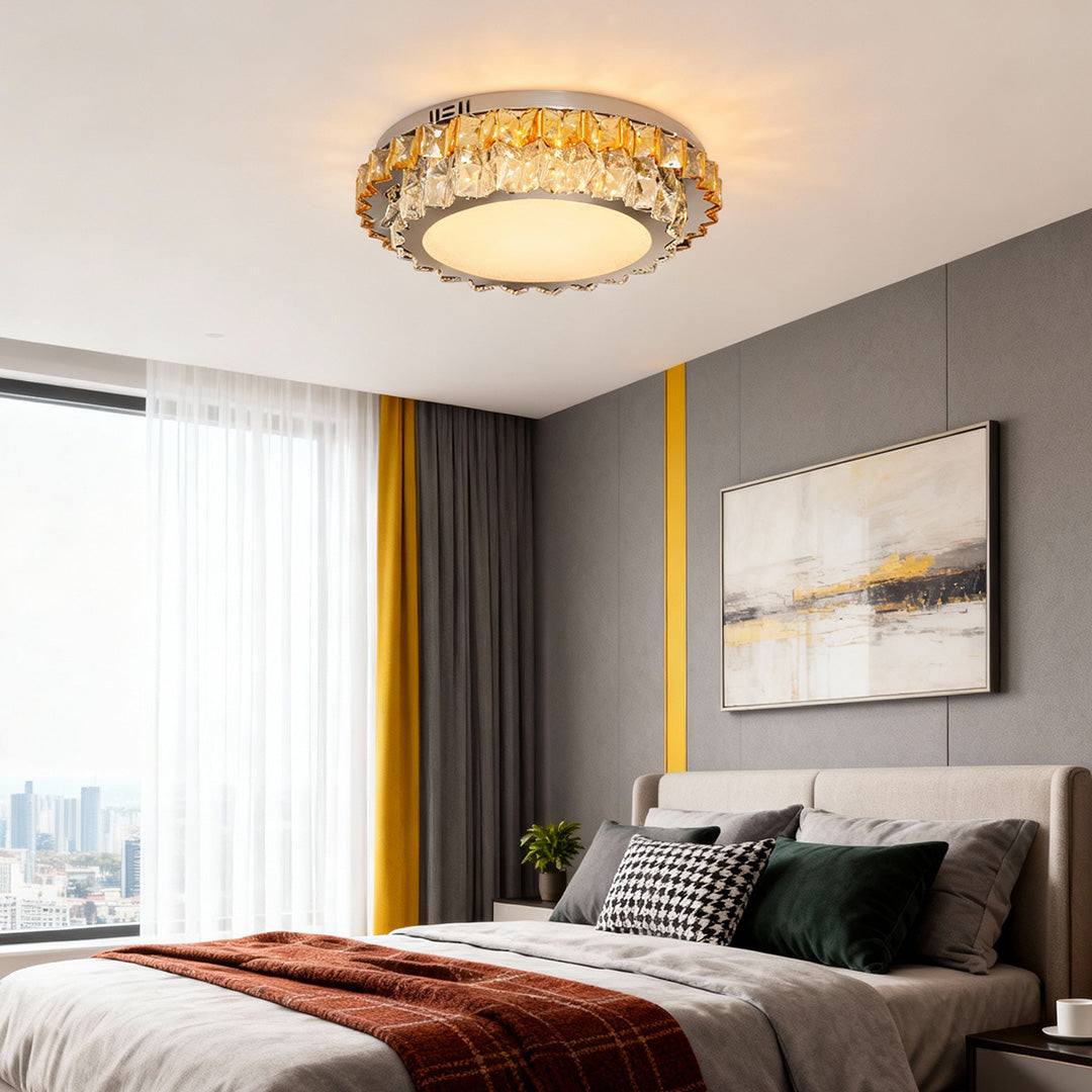 Modern flush mount light in a luxurious living room with a modern sofa and coffee table, creating a warm and inviting atmosphere.